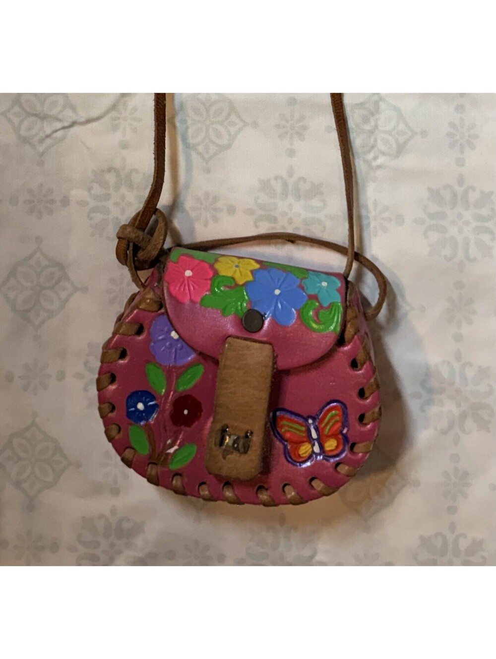 Small Mexican Hand Tooled Leather Floral Crossbody Handbag